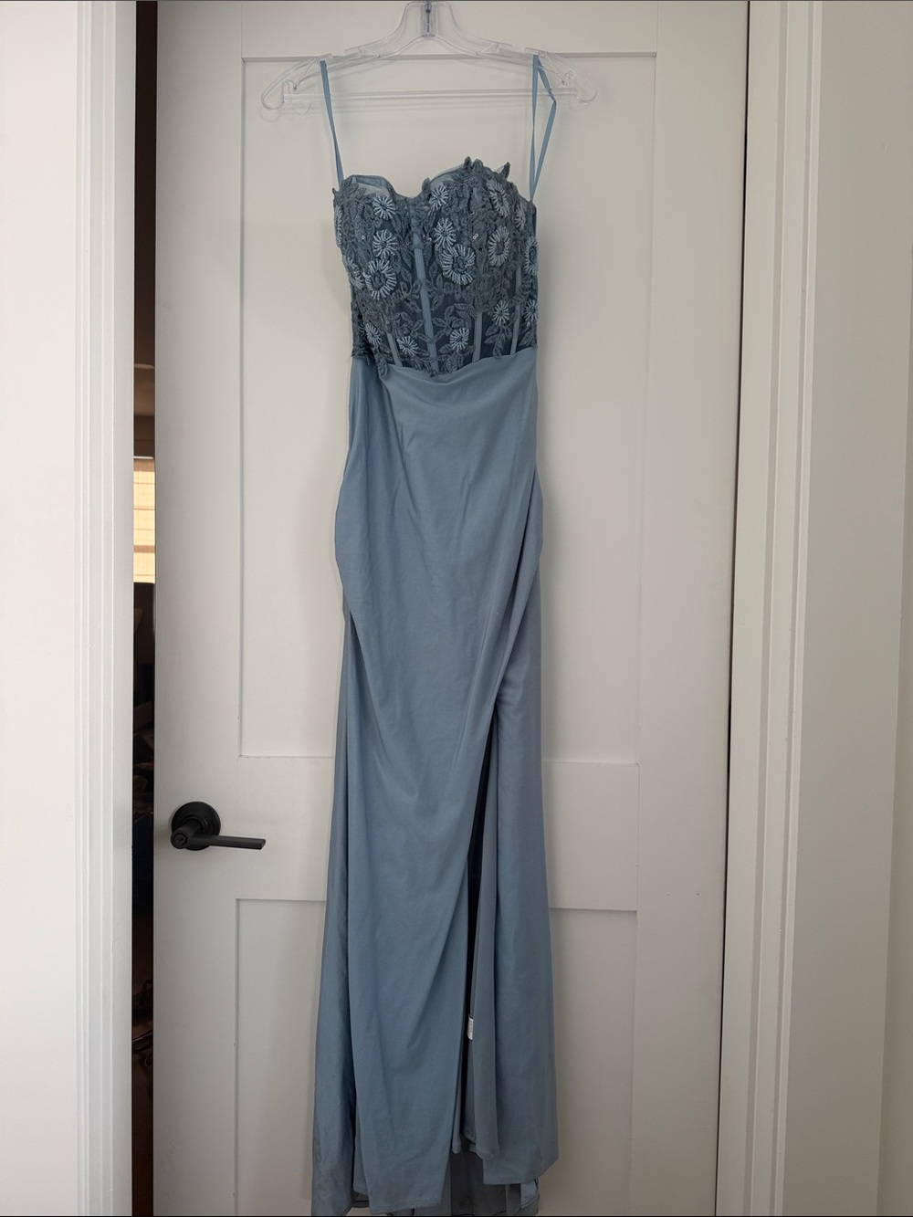 Blue Lace Bodice Spaghetti-Strap Evening Dress